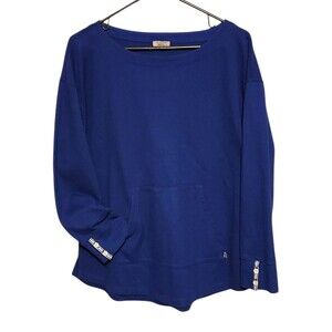 T by Talbots Top Blue Waffle Knit w/ Sleeve Trim Kangaroo Pocket Womens Medium